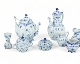 Royal Copenhagen (Danish) 'Blue Fluted', 'Full Lace' & 'Half Lace' Porcelain Serviceware, H 9.25" W 5" L 7" 8 pcs