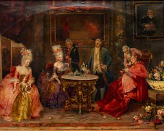 Juan Pablo Salinas, (Spanish, 1871-46) Oil on Canvas "Parlor Scene with Cardinal", H 20" W 30"