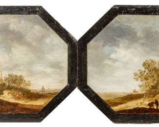 Circle of Salomon Van Ruysdael (Dutch, 1602-1670) Oils on Panel, Ca. 17th C., "Dutch Landscapes", H 11.75" W 12.25" 2 pcs