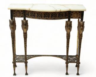 Attributed to Oscar Bach (American) Onyx Top, Cast Iron And Brass Console Table, H 31.5" W 32.5" Depth 12"