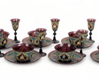 Venetian Blown Plum Color Glass Dessert Service, Enamel Decoration, Ca. 1900, H 5.25" Dia. 2.25" 25 pcs