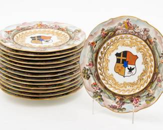 Ginori, Capo-di-Monte (Italian) Hand Painted Porcelain Armorial Cabinet Plates, 19th C., Dia. 8.75" 14 pcs