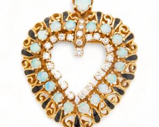 Diamond, Opal, Enamel, 14K Gold Pendant / Brooch. Heart Form H 1.6" 14.8g