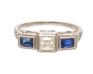 Asscher Cut Diamond And Sapphire Ring, 2g Size: 4.5