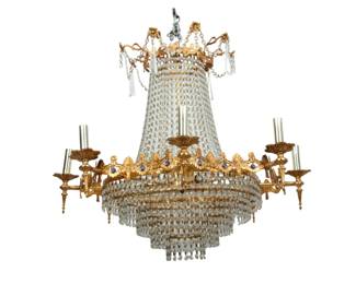 French Wedding Cake Tier Gilt Metal 12-light Chandelier, Ca. 1960, H 26" Dia. 33"