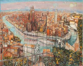 Edouard-Georges Mac-Avoy (French, 1905-1991) Oil on Canvas Ca. 1965-66, "View of Verona, Italy", H 68.5" W 81"