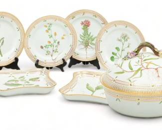 Royal Copenhagen (Danish) 'Flora Danica' Porcelain Tureen, Trays & Plates, W 9" L 11.5" 7 pcs