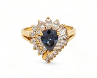 Blue Sapphire (1ct) , Diamond And 18K Yellow Gold Ring, Size 7