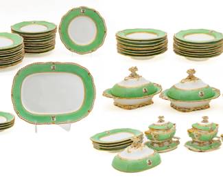 English Regency Era Soft Paste Porcelain Partial Dinner Service, Celadon Green & Fired Gold, Ca. 1810, W 15" L 21" 67 pcs