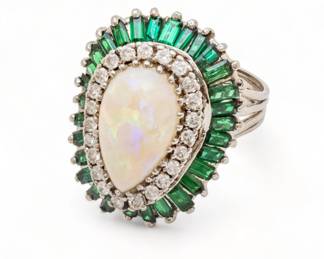 Emerald, Diamond And 5ct.Opal Ring, Size 11 13.9g