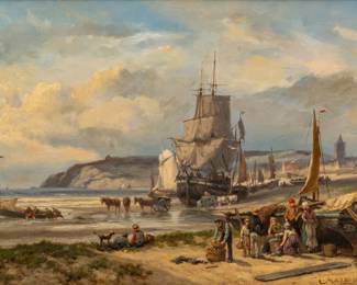 Johannes Hermanus Barend Koekkoek (Dutch, 1840-1912) Oil on Canvas, "Low Tide, Hilversum, Holland", H 16.5" W 26"