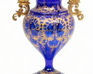 French Cobalt Crystal Urn, Ormolu Bronze Mounts & Raised Gilding, 19th C., H 14" W 5.5" L 8.5"