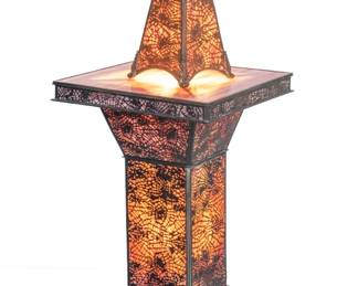Slag Glass with Overlay Filigree Stand And Table Lamp Ca. 1920, H 55" 2 pcs