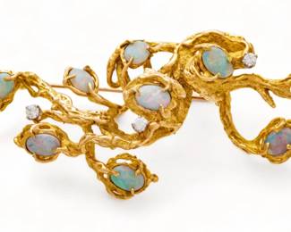 Opal And Diamond 14K Gold Brooch W 2.5" 22g