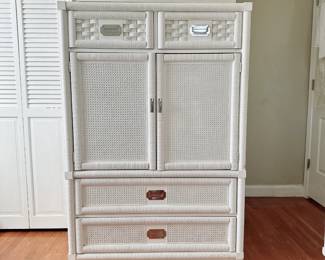 VINTAGE WICKER WEAVE BY DIXIE ARMOIRE - CANE RATTAN CAMPAIGN STYLE - WHITE