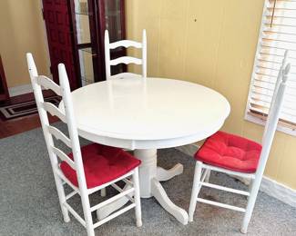 Farmhouse Round Pedestal Dining Table with White Ladderback Chairs