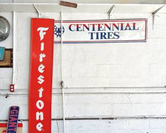 VINTAGE FIRESTONE & CENTENNIAL TIRES - EMBOSSED METAL AUTOMOTIVE SIGNS - GARAGE DECOR