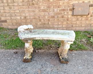 DECORATIVE CURVED CEMENT BUNNY BENCH - OUTDOOR DECOR - GARDEN DECOR