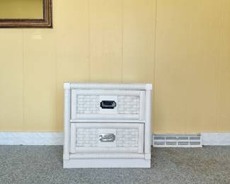 VINTAGE WICKER WEAVE BY DIXIE NIGHTSTAND - CANE RATTAN CAMPAIGN STYLE - WHITE