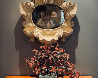One of a Pair of Console Tables
with Faux Marbles Painted Tops
&
﻿One of a Pair of Venetian Style Carved Wood Framed Mirrors