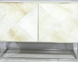 906 - Chelsea House cowhide veneer cabinet some separations of veneer 34.5 x 48 x 18.5 chrome base
