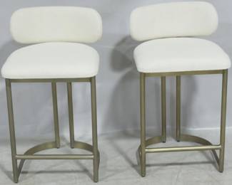 741 - Pair Union Home Shay Bar Stools 18.5in L x 20.5in D x 33.25in H Seat Height: 24in, Footrest Height: 6in 18.5in L x 20.5in D x 39.25in H Seat Height: 30in, Footrest Height: 12in Material: Mild Steel & Upholstery Finish: Antique Brass Retail Price $549 Dirt on upholstery
