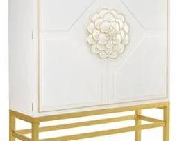 6021 - Chelsea House Boen bar cabinet 78 x 58.5 x 21 Retail $12,119 A GLITZY, TRANSITIONAL-STYLE BAR CABINET OFFERING SHELVING FOR GLASSES, HORIZONTAL WINE STORAGE, AND A DRAWER FOR STORAGE - ALL WRAPPED UP IN A BEAUTIFUL FLORAL BAUBLE. NOT INTENDED FOR CLOTHING STORAGE. INTERIOR LIGHTING. DESIGNED BY SHAYLA COPAS.
