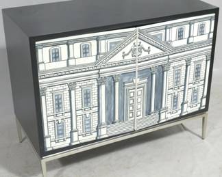 888 - Wildwood silkscreen Modart History cabinet wood black/black and white Retail $3961 32 x 40 x 19
