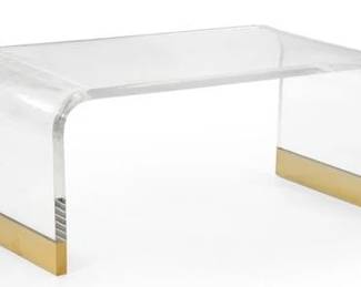 6013 - Chelsea House Waterfall acrylic coffee table antique brass base 18 x 41.5 x 23 Retail $2482
