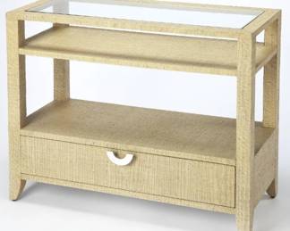 878 - Butler Specialty Amelle cream Raffia console glass top, one drawer Retail $740 30 x 36 x 16
