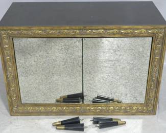 907 - Chelsea House mirror front cabinet mirrored doors are cracked, legs need to be attached 26 x 19 x 40
