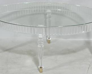 885 - Wildwood oval acrylic & glass coffee table glass top, brass toes 18 x 41 x 25
