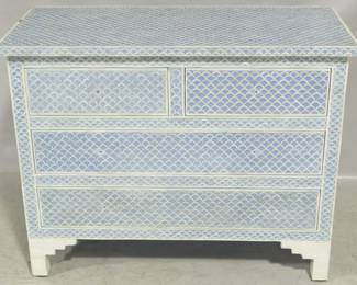 985 - Chelsea House bone inlay chest in blue 34x43x20 fish scale design no knobs
