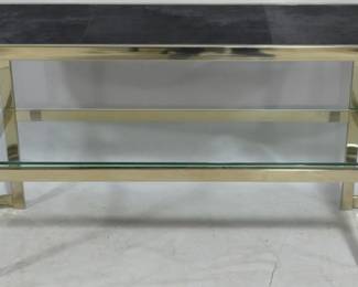 979 - Oval brass console with hide top, glass shelf 29x63x17
