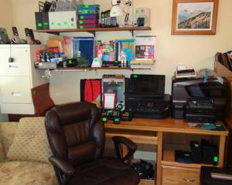 Computer Desk, Office Chair, Two 2 Drawer File Cabinets,  Two HP All-In-One Printers, Misc. Electronic Items, Office Supplies