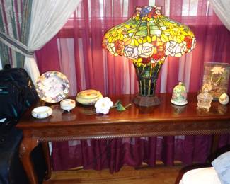 Entry/Sofa Table, Tiffany Style Lamp & Trinket Boxes