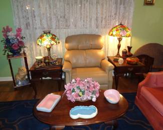 Larger Mobility Lift Chair, Tiffany Style Lamps, Accent Tables, Assorted Pottery Pieces