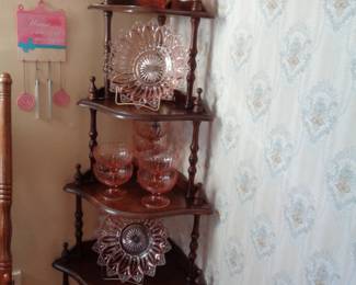 Vintage Corner Storage and Pink Serving Pieces