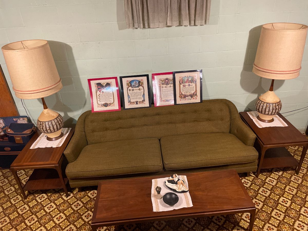 Coffee table Lane style NO. 997-01 matching end tables Lane style number 997–05.l
couch S. C. Coleman furniture.