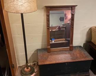 eastlake mirror, deep, blue chest with hidden compartment.