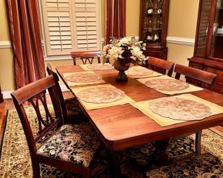 Duncan Phyfe dining table with one leaf and six chairs with upholstered seats. Shaw area rug is also for sale. CORRECTION: Window treatments are NOT for sale.
