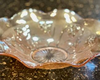 Jeanette iridescent marigold carnival glass bowl, Iris Herringbone pattern.