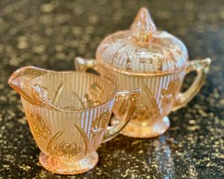 Jeanette iridescent marigold carnival glass sugar and creamer, Iris Herringbone pattern.