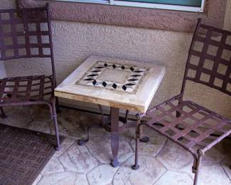 Small intricate top table and chairs(x2)