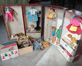 2 vintage doll cases, Barbie clothes, wigs, shoes