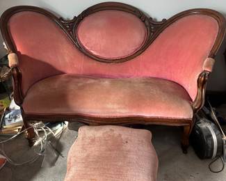 Pink velour settee, chairs, ottoman
