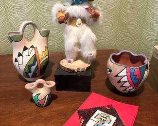 Very cool Kochina doll in rabbit fur/mask removes, signed Native American pottery