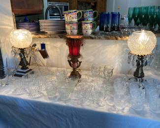 variety of punch cups, two crystal bowl lamps, and lovely accent lamp