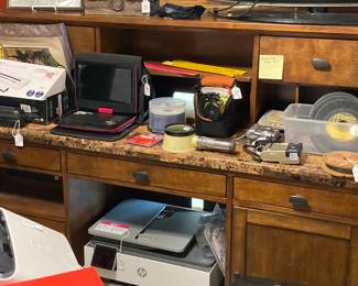 beautiful computer desk, HP printer, personal DVD player, wand scanners, etc.
