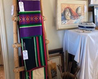 blanket ladder with Beaver State blankets presented by the Osage to E J Holub at a powwow